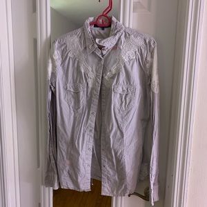 Guess Blue & White Striped Lace Button Down Blouse